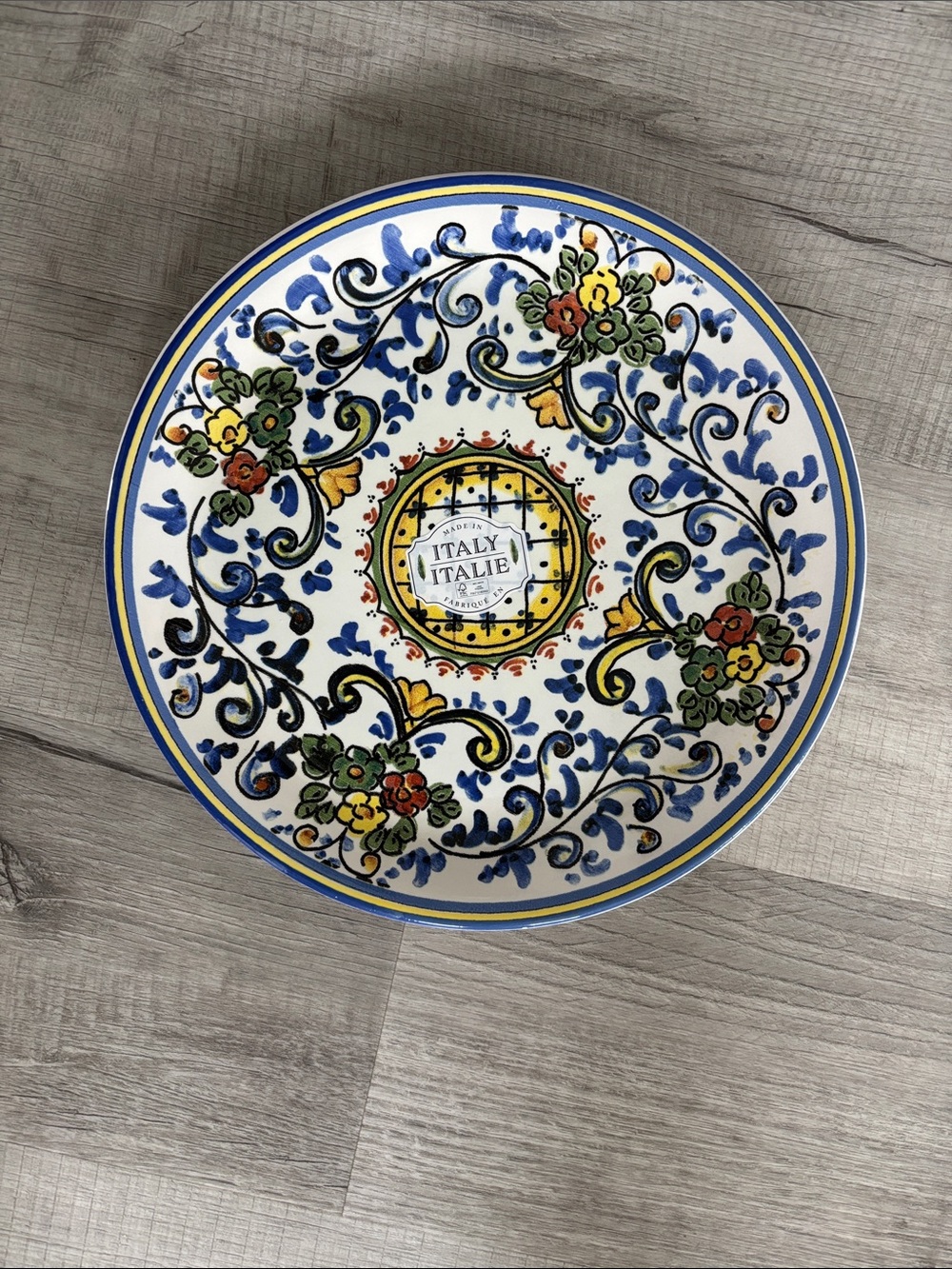 Italian Ceramic Decorative Plate - Floral Blue & Yellow 12 Inch